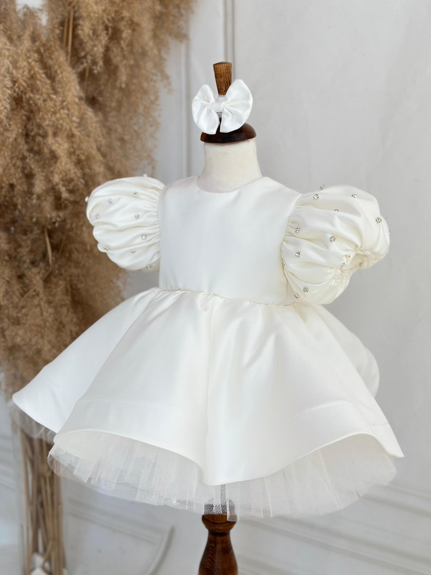 White Satin Puff-Sleeve Rhinestone Detailed Puffy Birthday Dress