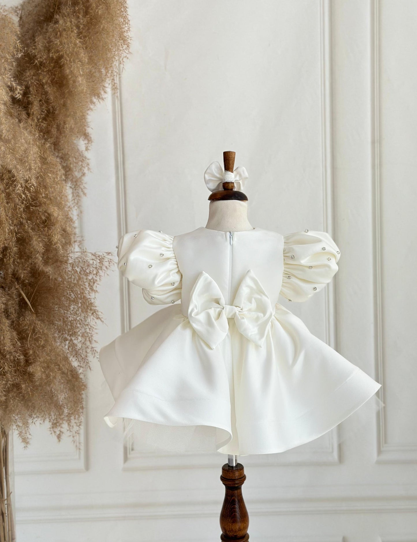 White Satin Puff-Sleeve Rhinestone Detailed Puffy Birthday Dress