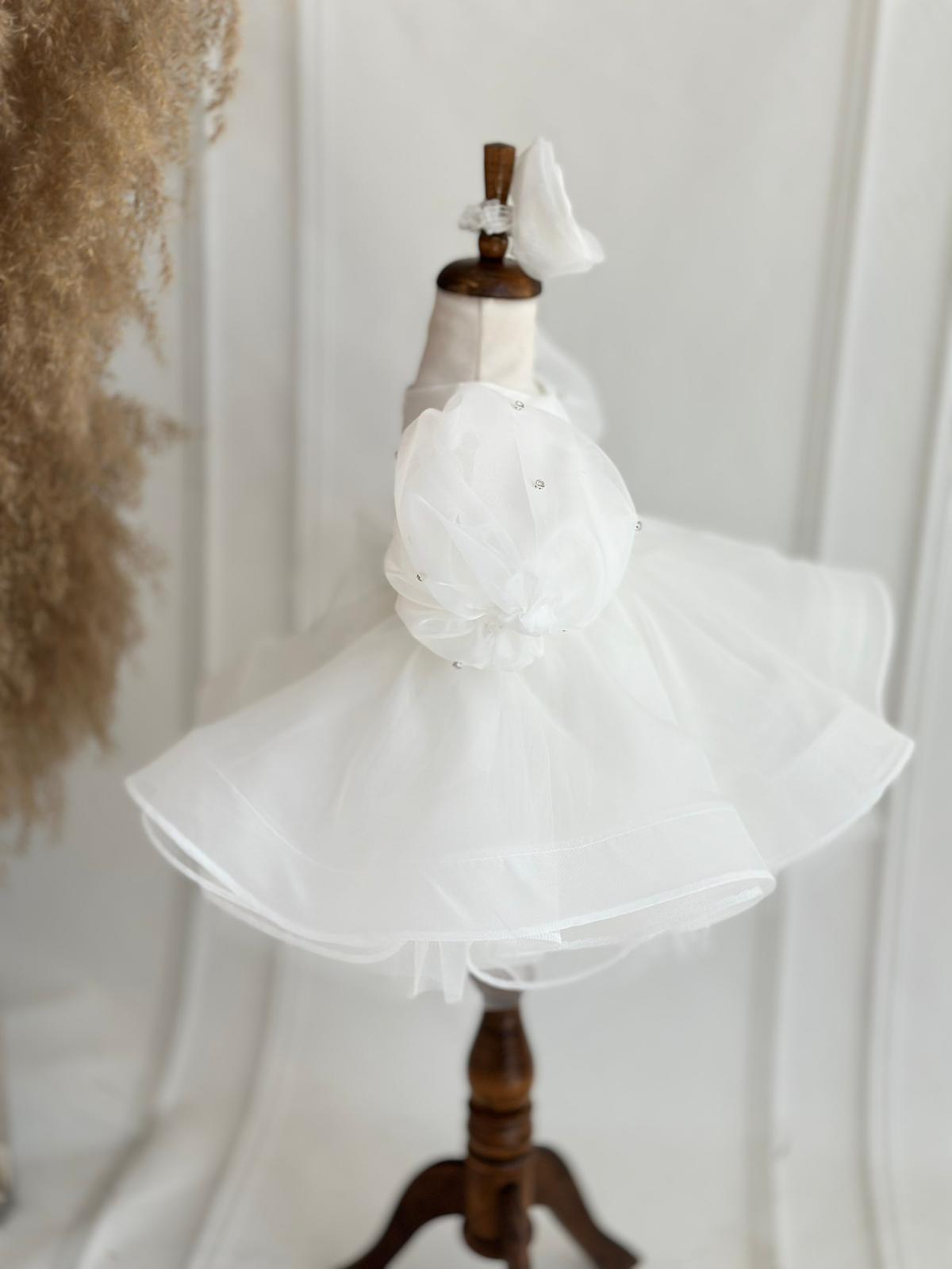White Pearl Puff Sleeve Tulle Dress for Girls – Bow Back & Matching Headpiece