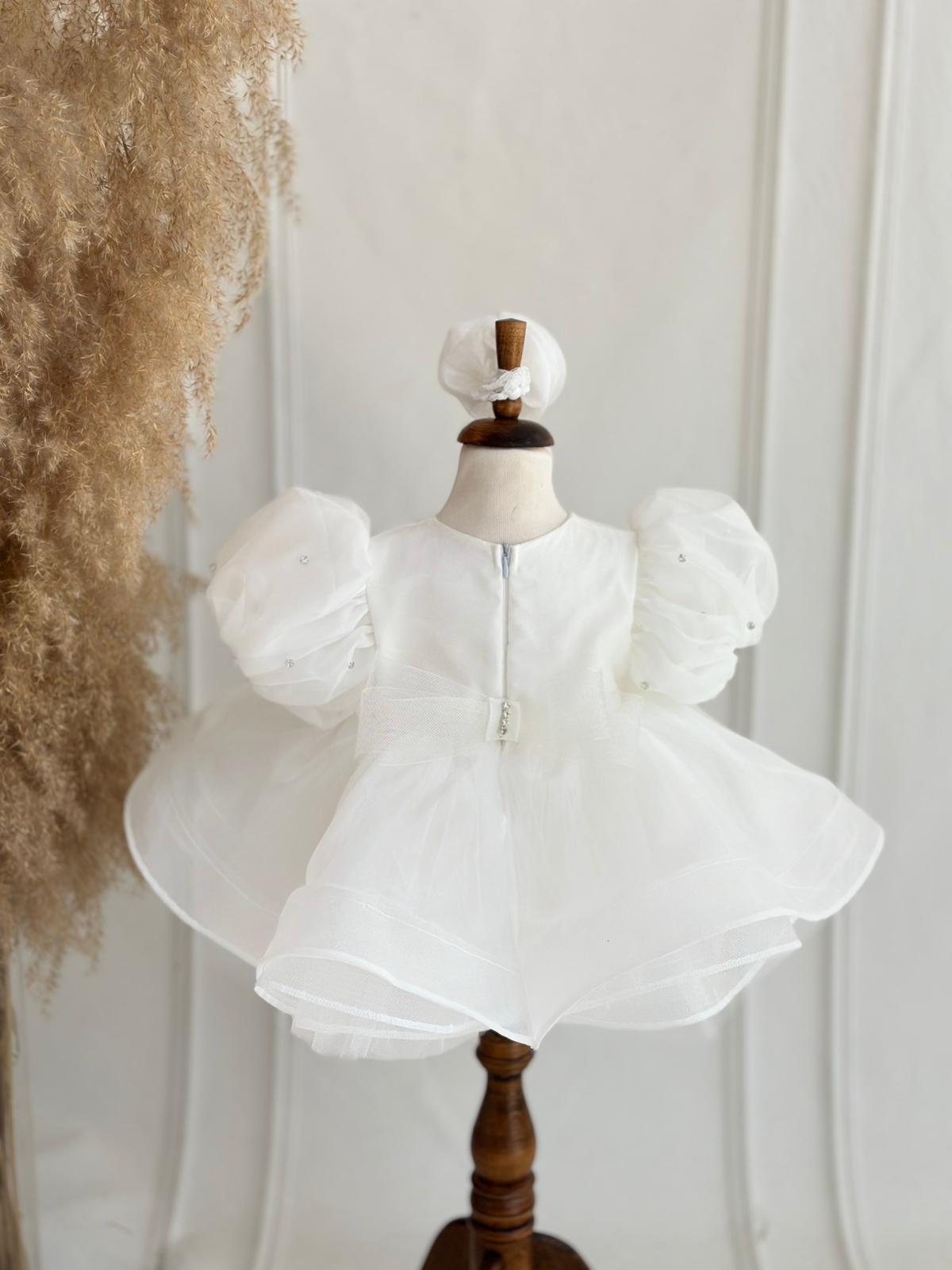 White Pearl Puff Sleeve Tulle Dress for Girls – Bow Back & Matching Headpiece