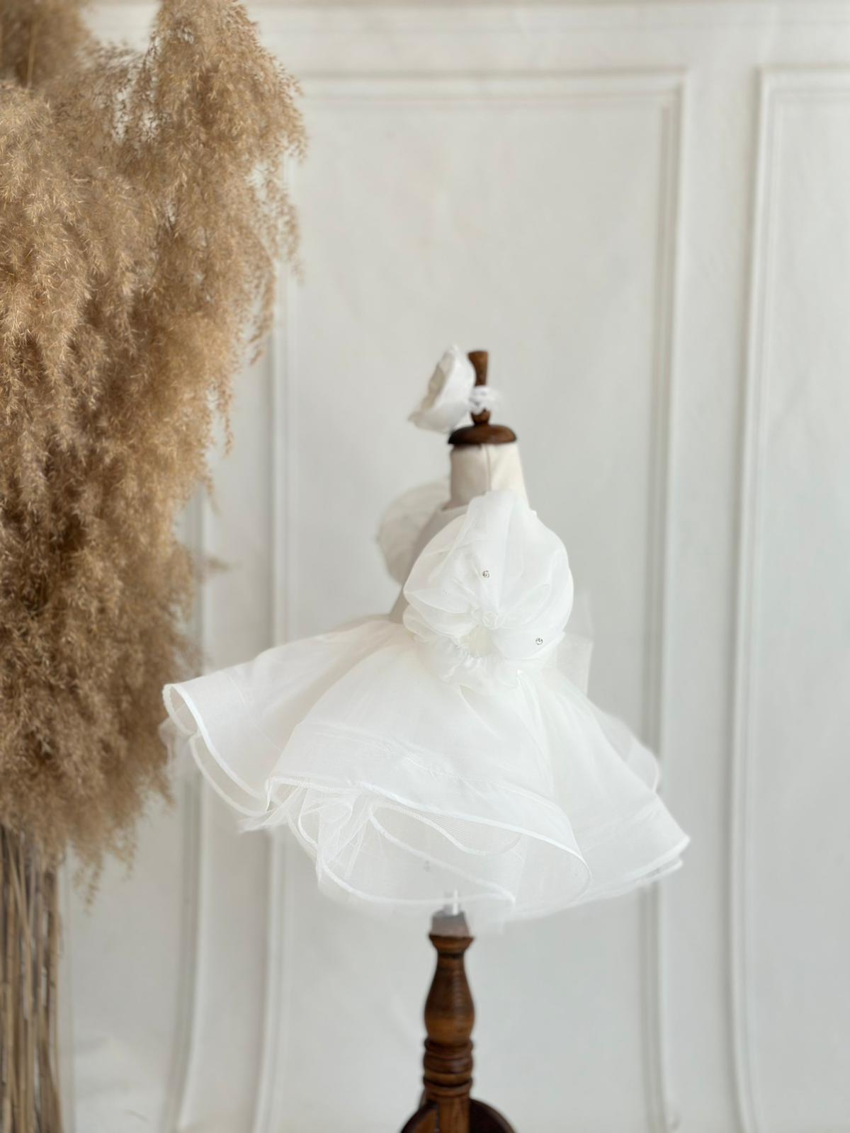 White Pearl Puff Sleeve Tulle Dress for Girls – Bow Back & Matching Headpiece