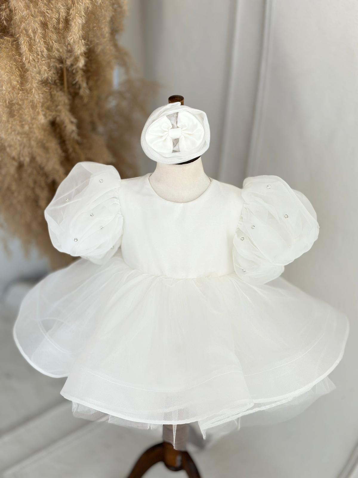 White Pearl Puff Sleeve Tulle Dress for Girls – Bow Back & Matching Headpiece