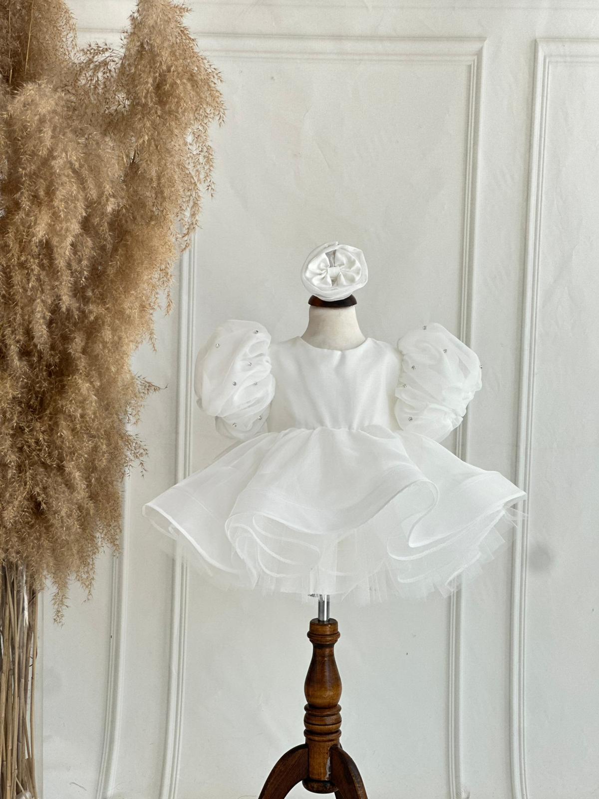 White Pearl Puff Sleeve Tulle Dress for Girls – Bow Back & Matching Headpiece