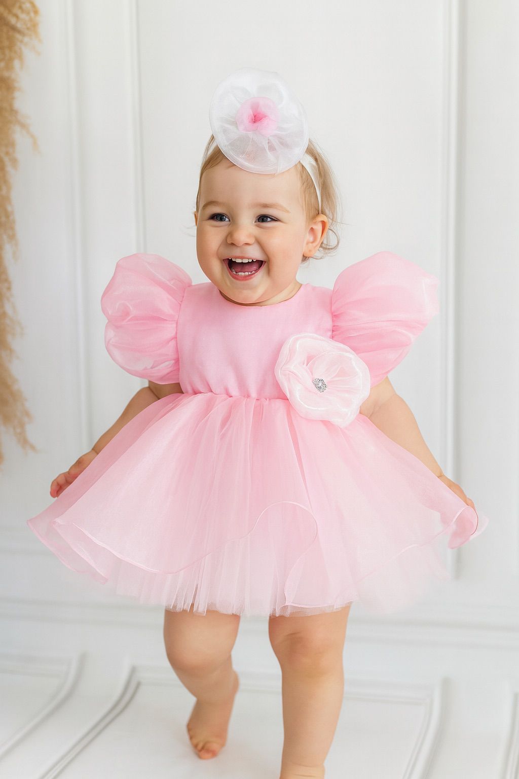 Floral Organza Tulle Party Dress - Pink