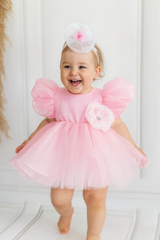 Floral Organza Tulle Party Dress - Pink