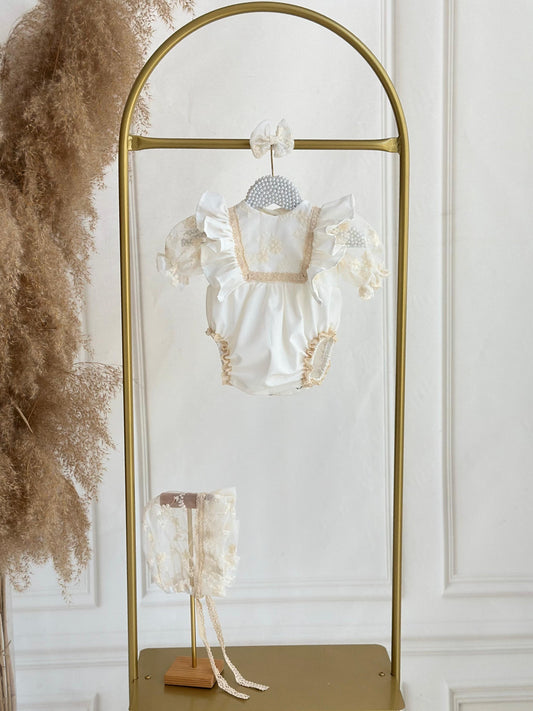 Vintage Lace Baby Romper - Cream