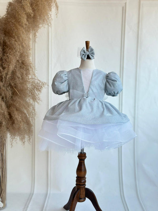Silver Glitter Puffy Party Dress - Silver