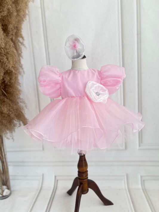 Floral Organza Tulle Party Dress - Pink