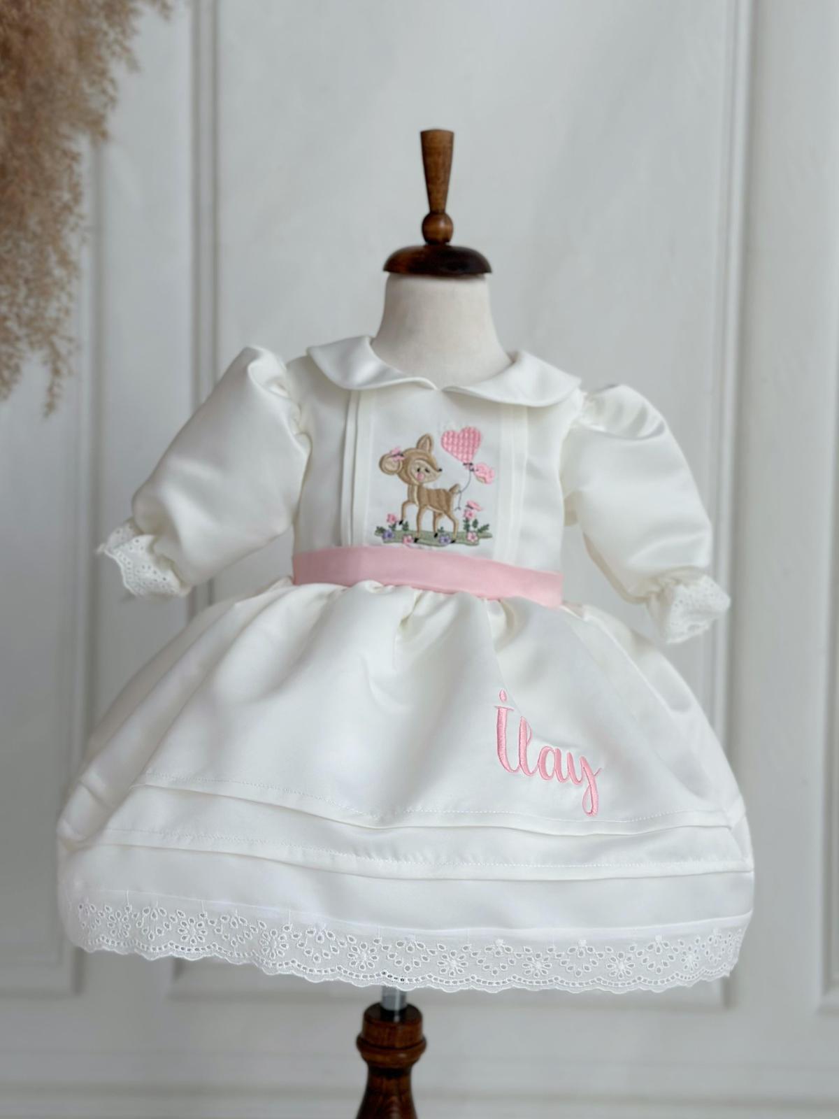 Personalized Ivory Baby Girl Dress with Deer Embroidery and Pink Ribbon – Elegant Birthday & Christening Outfit