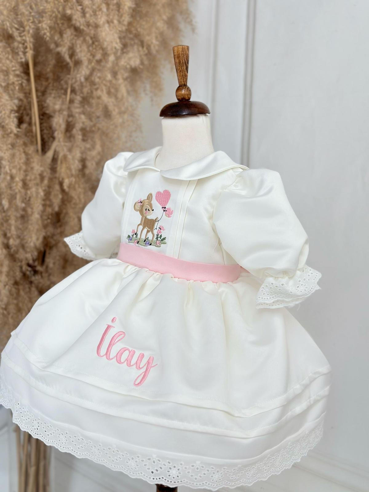 Personalized Ivory Baby Girl Dress with Deer Embroidery and Pink Ribbon – Elegant Birthday & Christening Outfit