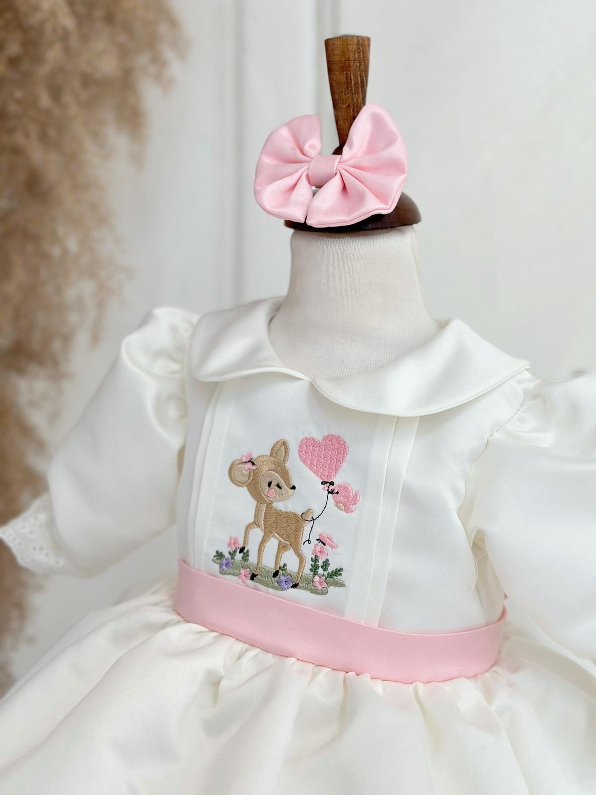 Personalized Ivory Baby Girl Dress with Deer Embroidery and Pink Ribbon – Elegant Birthday & Christening Outfit