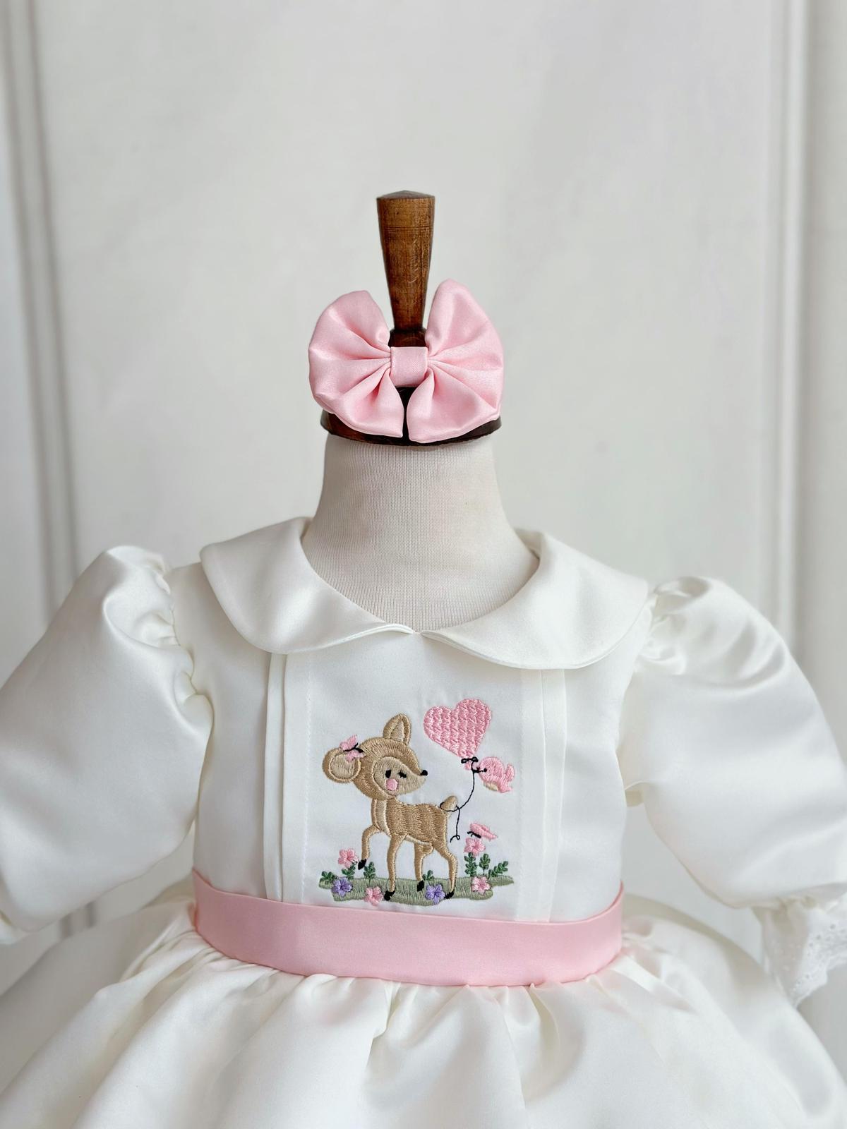 Personalized Ivory Baby Girl Dress with Deer Embroidery and Pink Ribbon – Elegant Birthday & Christening Outfit