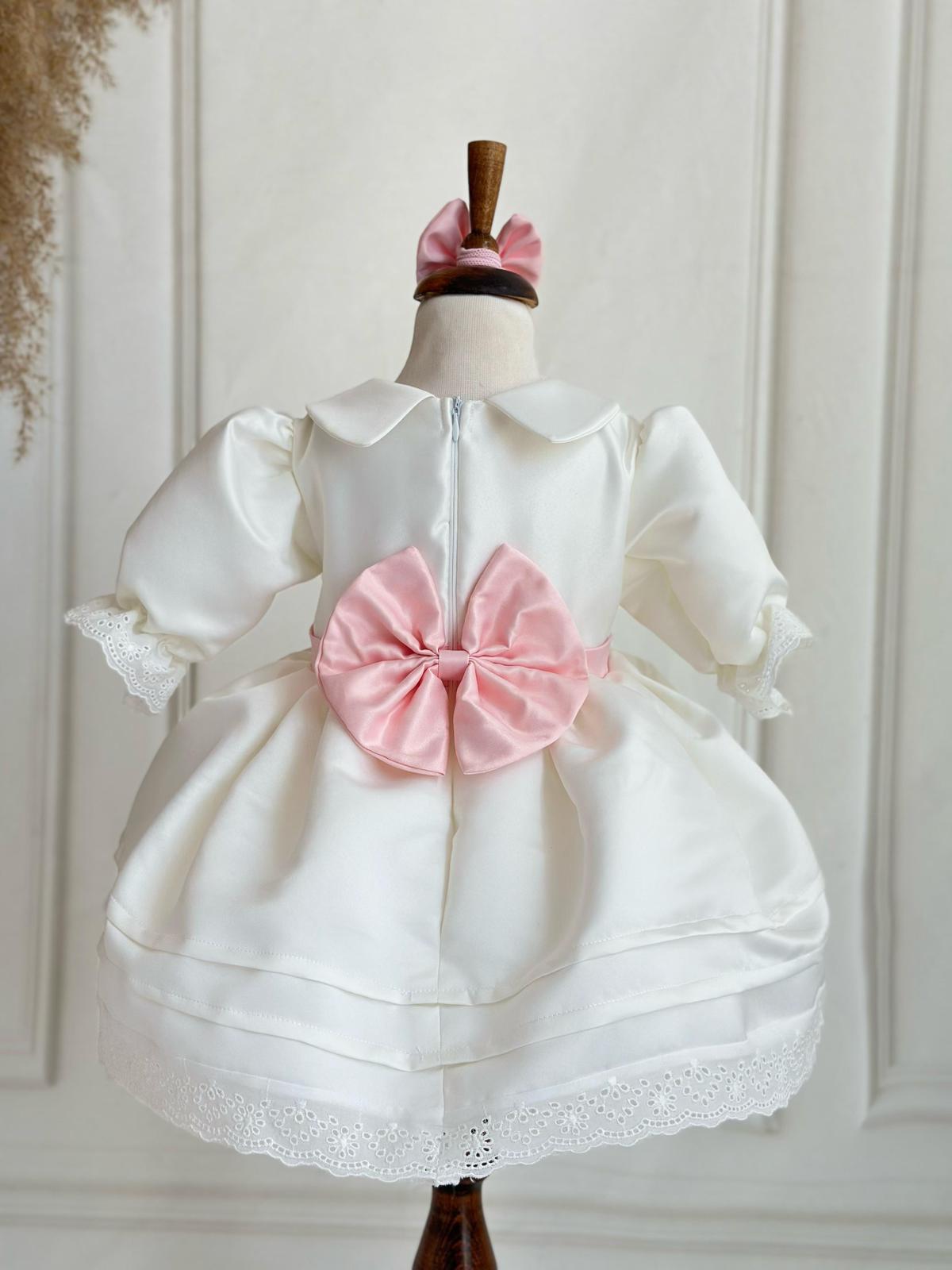 Personalized Ivory Baby Girl Dress with Deer Embroidery and Pink Ribbon – Elegant Birthday & Christening Outfit