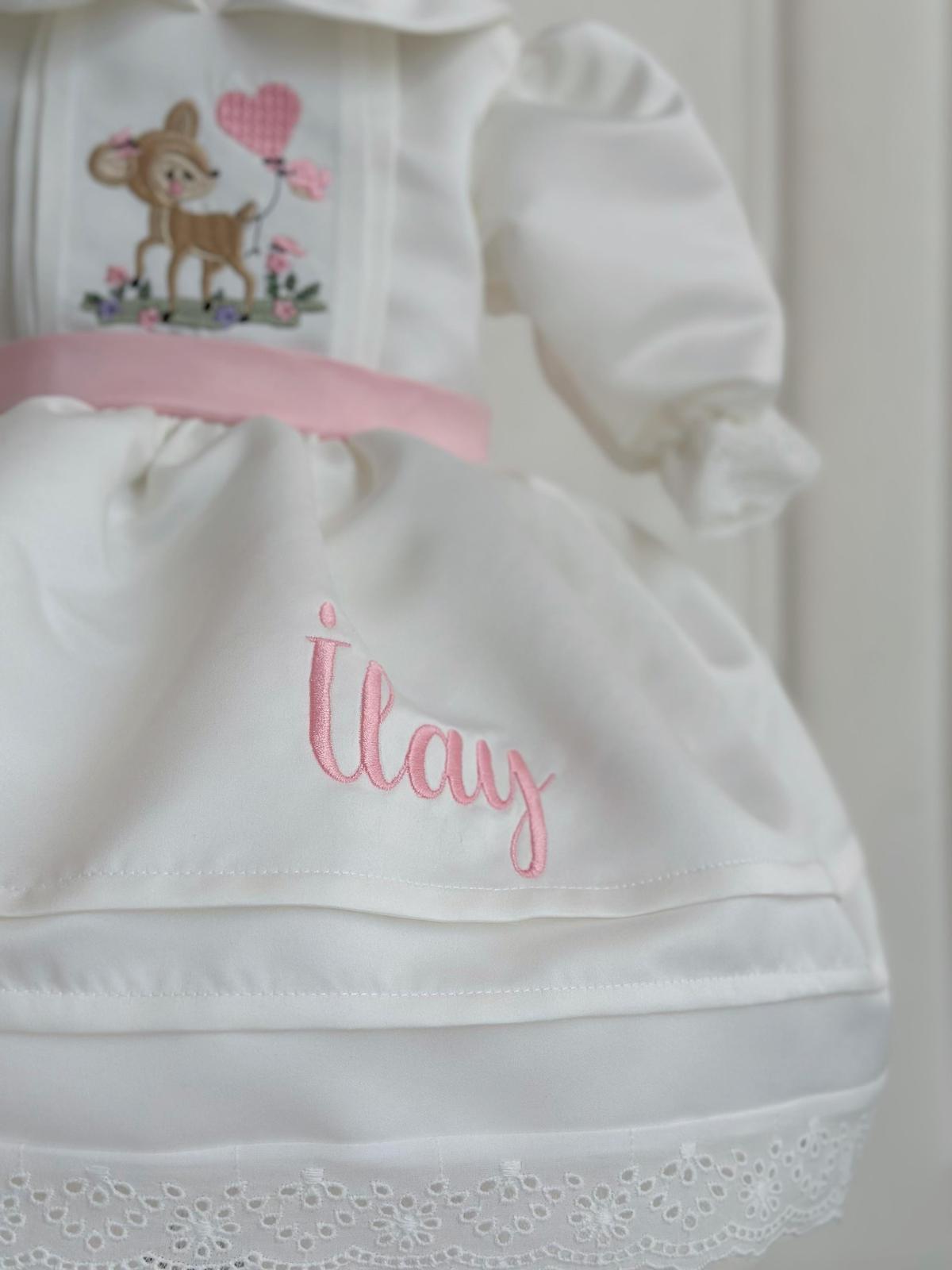Personalized Ivory Baby Girl Dress with Deer Embroidery and Pink Ribbon – Elegant Birthday & Christening Outfit