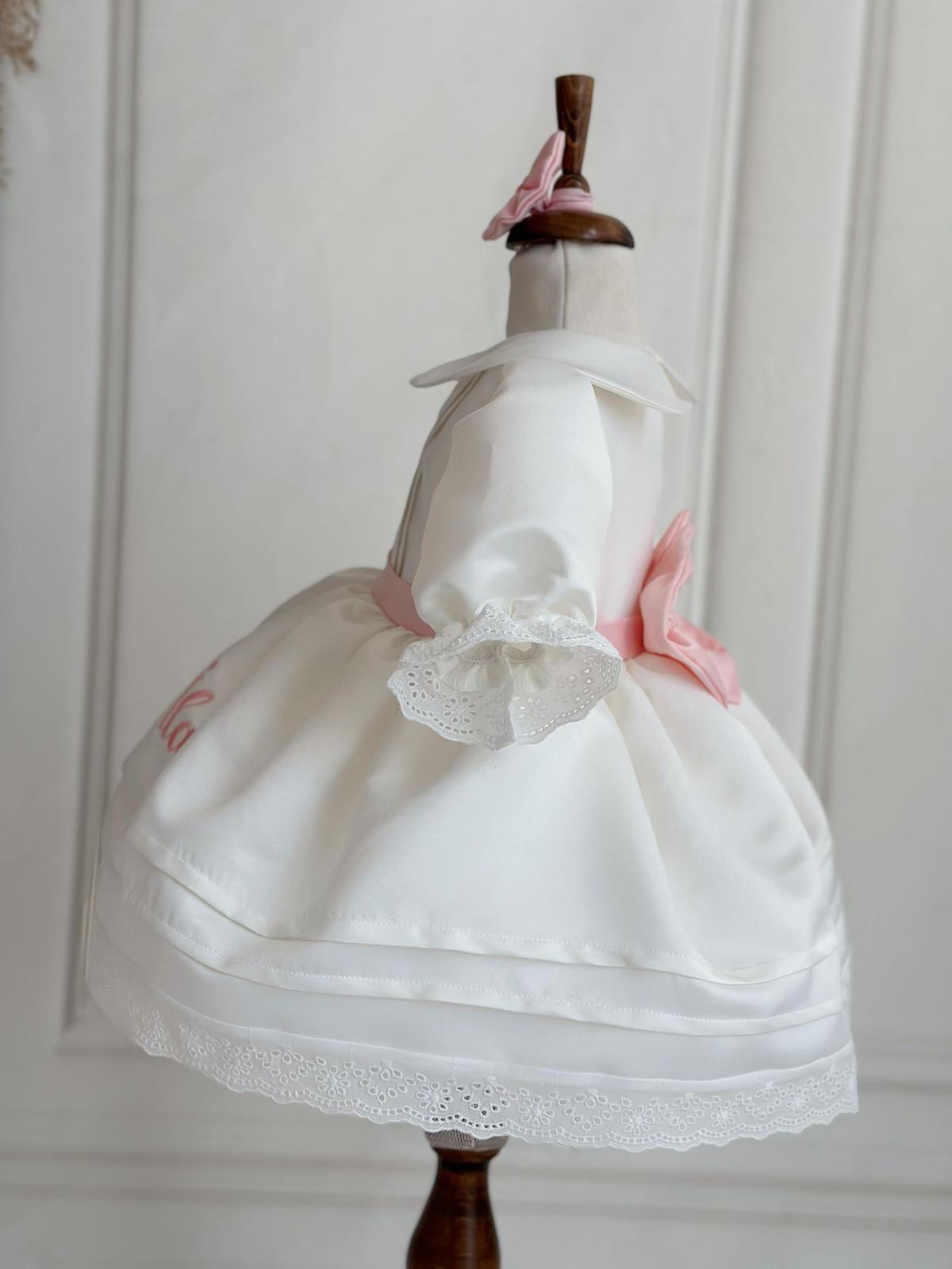 Personalized Ivory Baby Girl Dress with Deer Embroidery and Pink Ribbon – Elegant Birthday & Christening Outfit