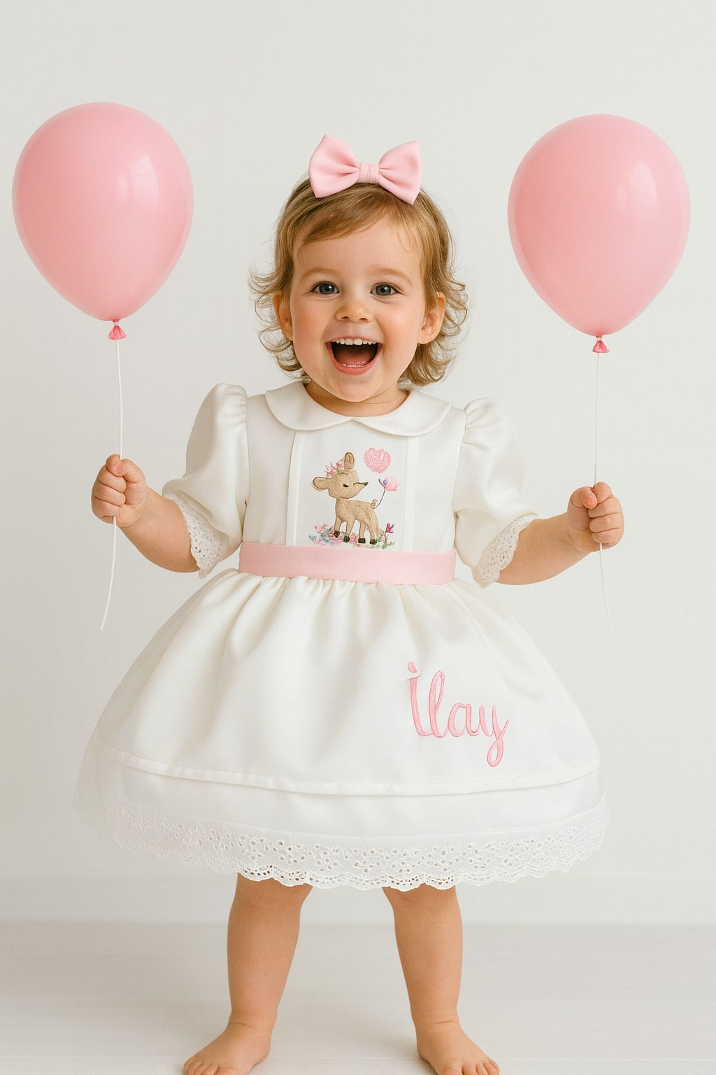 Personalized Ivory Baby Girl Dress with Deer Embroidery and Pink Ribbon – Elegant Birthday & Christening Outfit