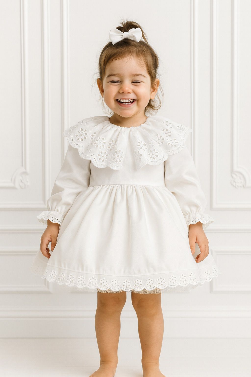 Baby Girl White Cotton Dress with Eyelet Embroidery – Long Sleeve Toddler Dress