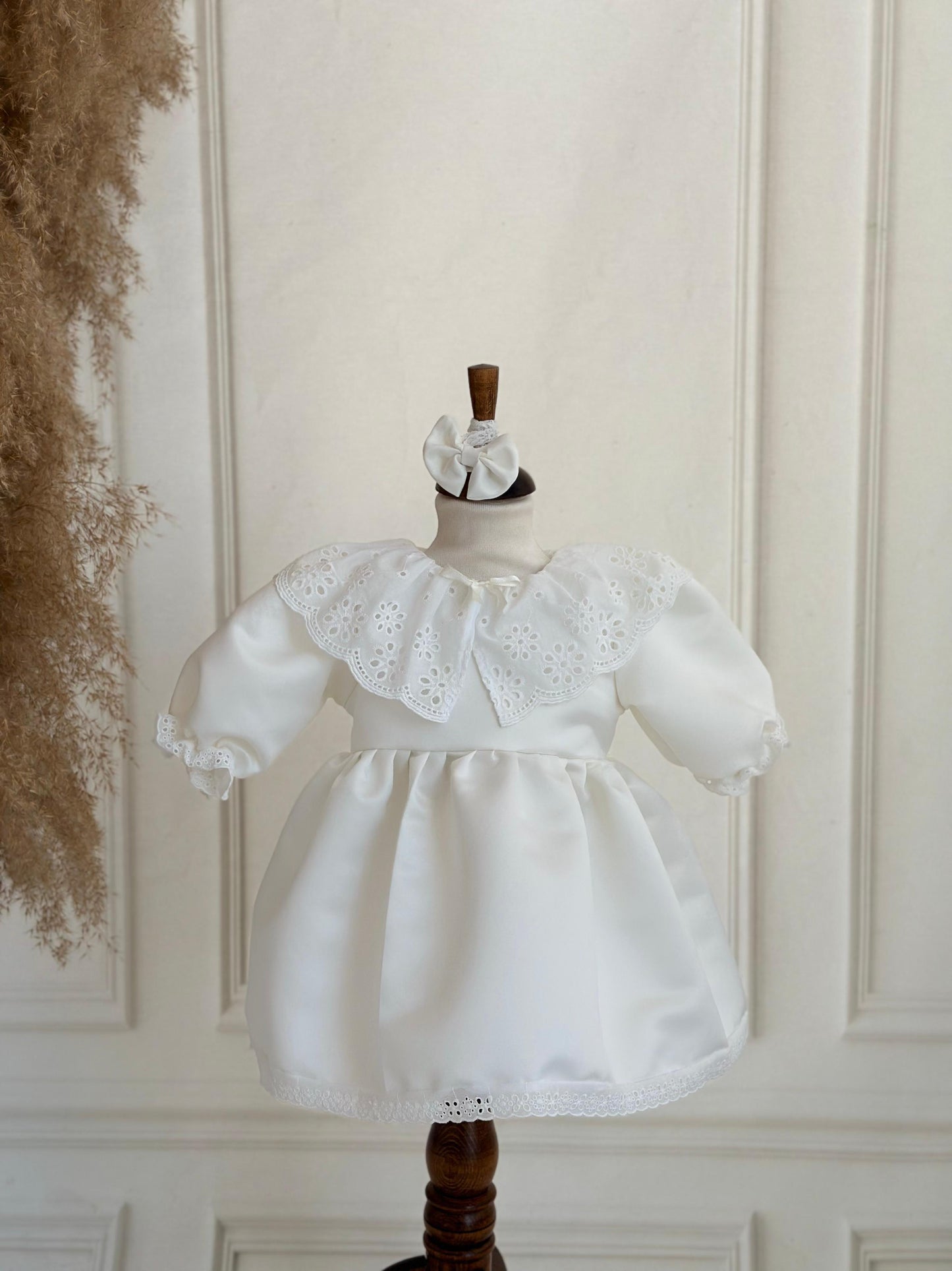 Baby Girl White Cotton Dress with Eyelet Embroidery – Long Sleeve Toddler Dress