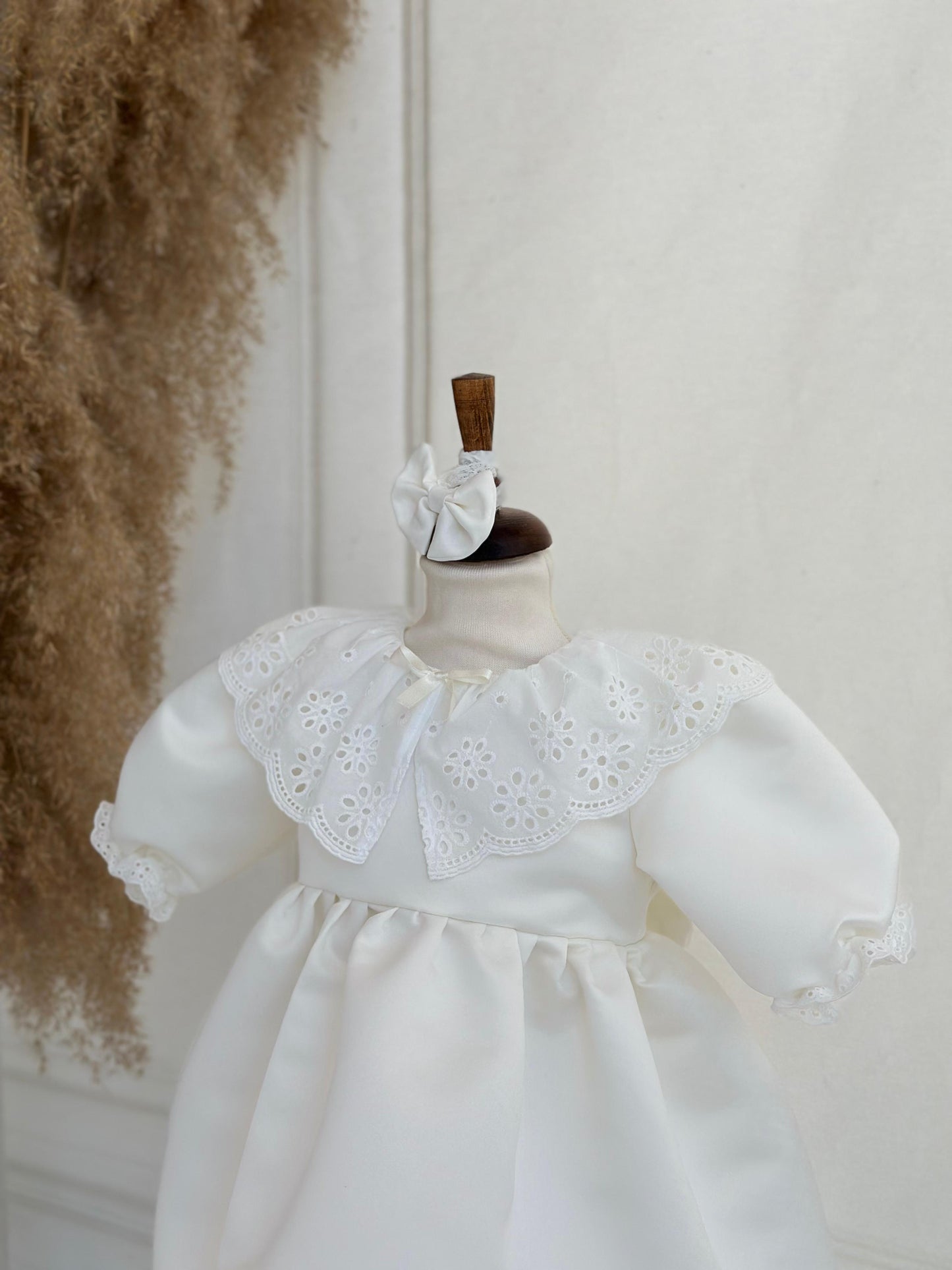 Baby Girl White Cotton Dress with Eyelet Embroidery – Long Sleeve Toddler Dress