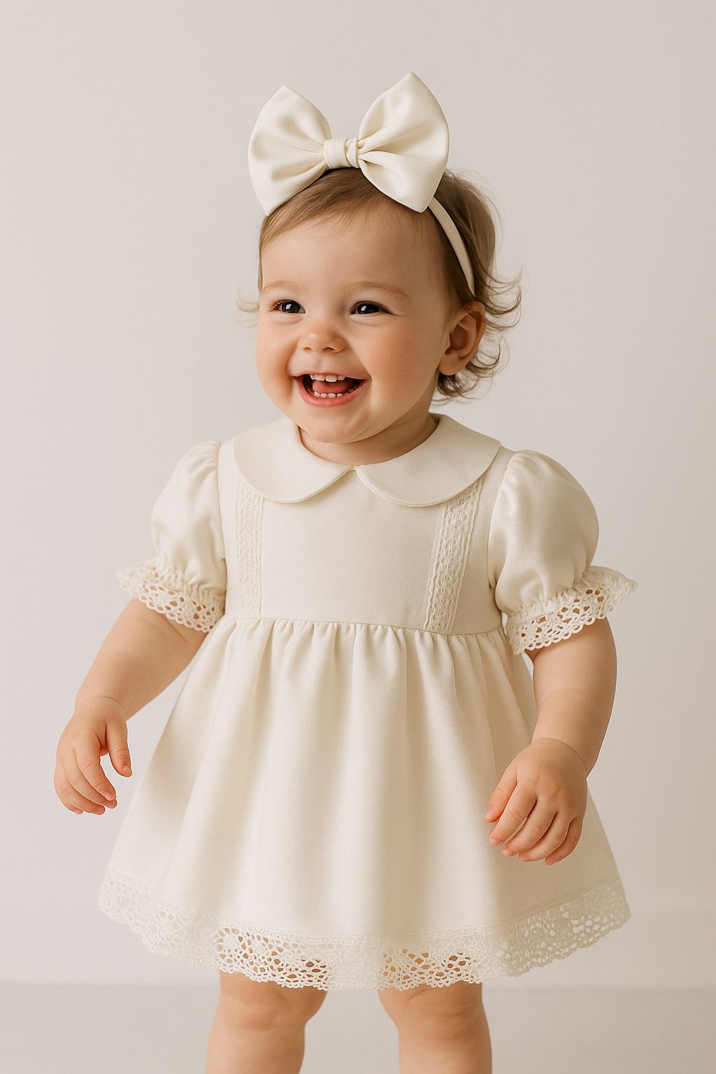 Cream Baby Girl Dress with Lace Trim – Elegant Toddler Party Dress with Peter Pan Collar