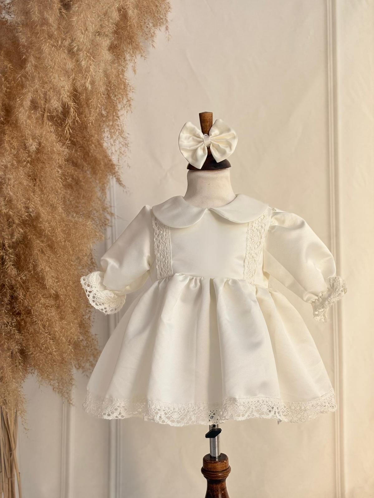 Cream Baby Girl Dress with Lace Trim – Elegant Toddler Party Dress with Peter Pan Collar
