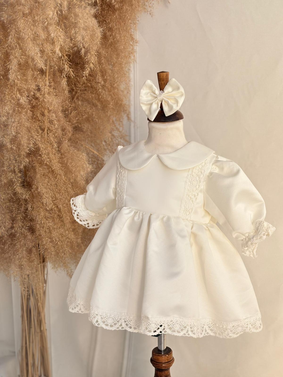 Cream Baby Girl Dress with Lace Trim – Elegant Toddler Party Dress with Peter Pan Collar