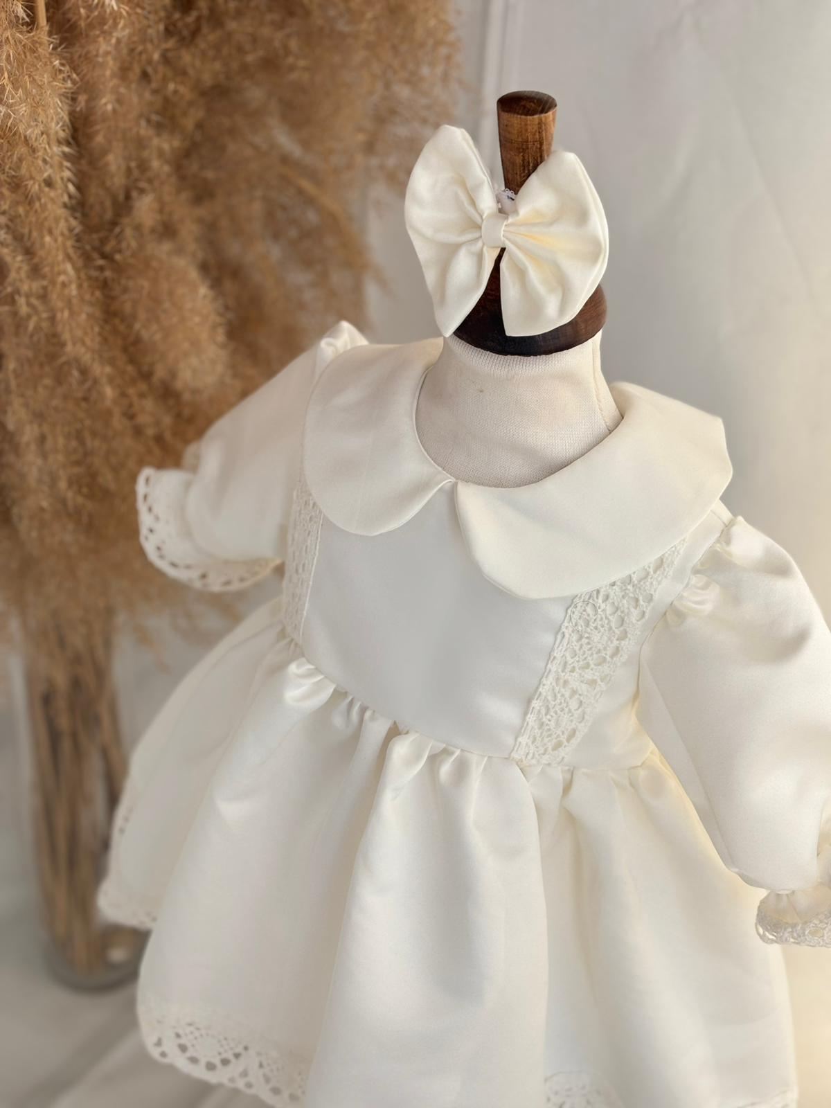 Cream Baby Girl Dress with Lace Trim – Elegant Toddler Party Dress with Peter Pan Collar