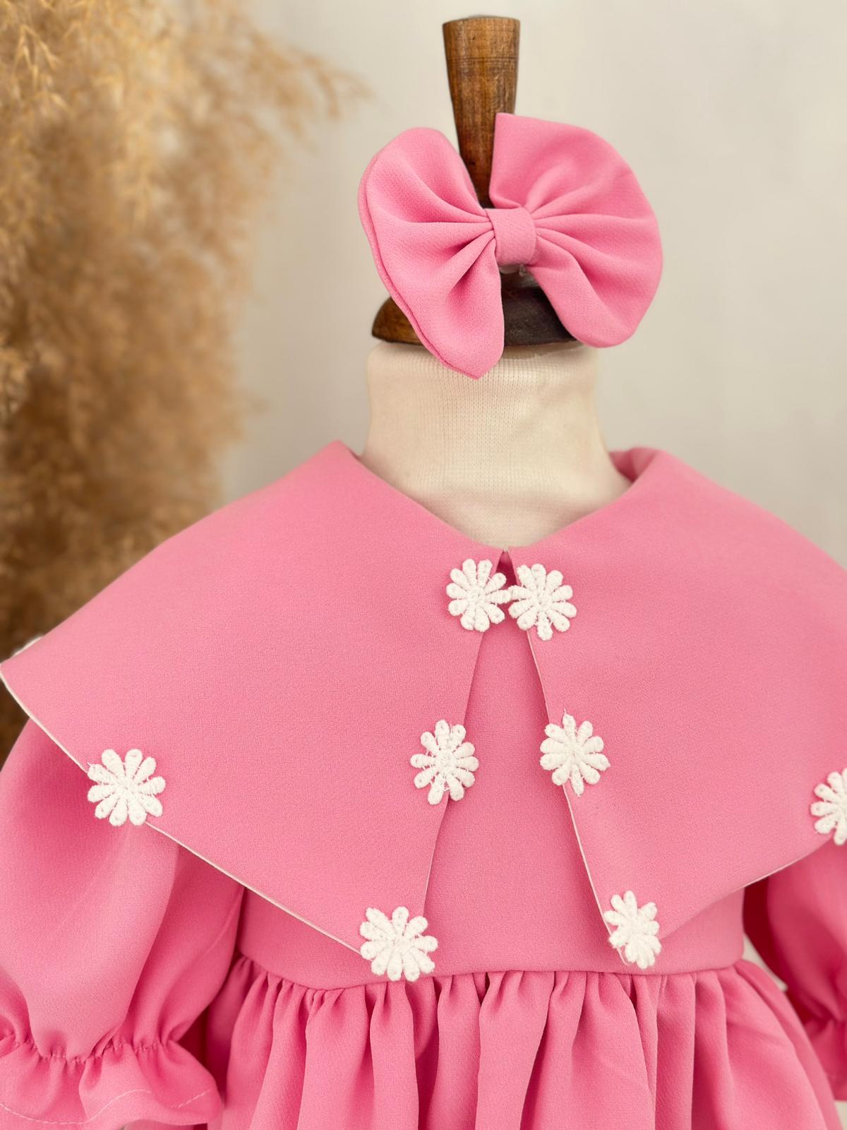 Pink Baby Girl Dress with Daisy Details & Headband | Long Sleeve Princess Dress for Birthdays & Photoshoots