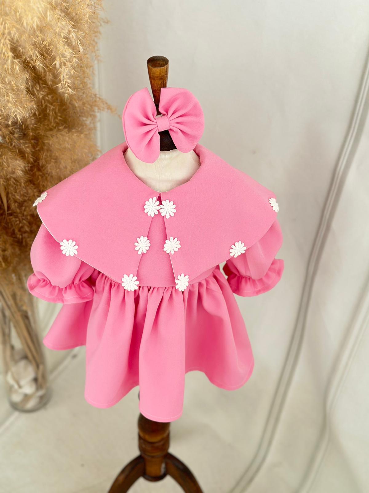 Pink Baby Girl Dress with Daisy Details & Headband | Long Sleeve Princess Dress for Birthdays & Photoshoots