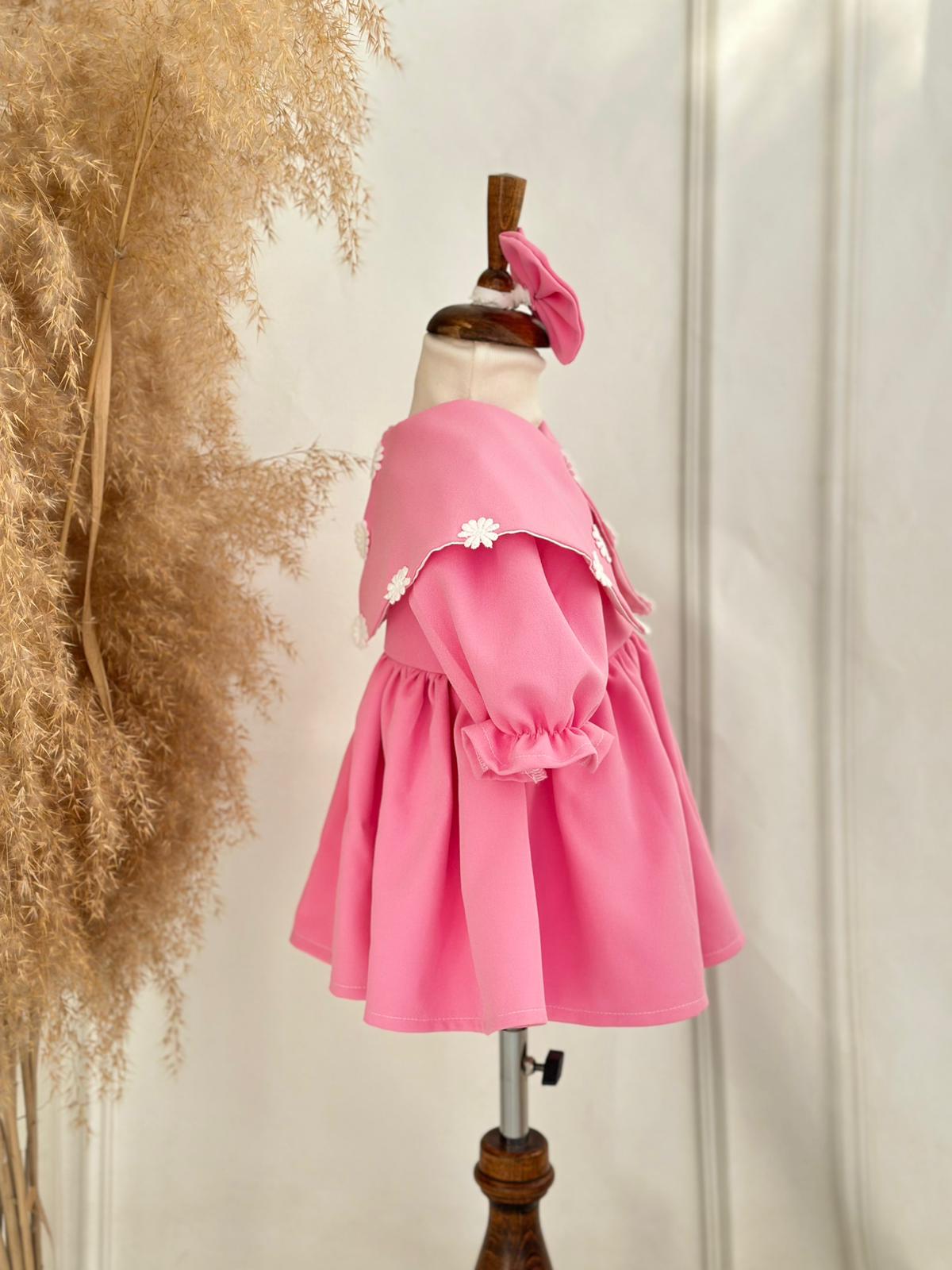 Pink Baby Girl Dress with Daisy Details & Headband | Long Sleeve Princess Dress for Birthdays & Photoshoots