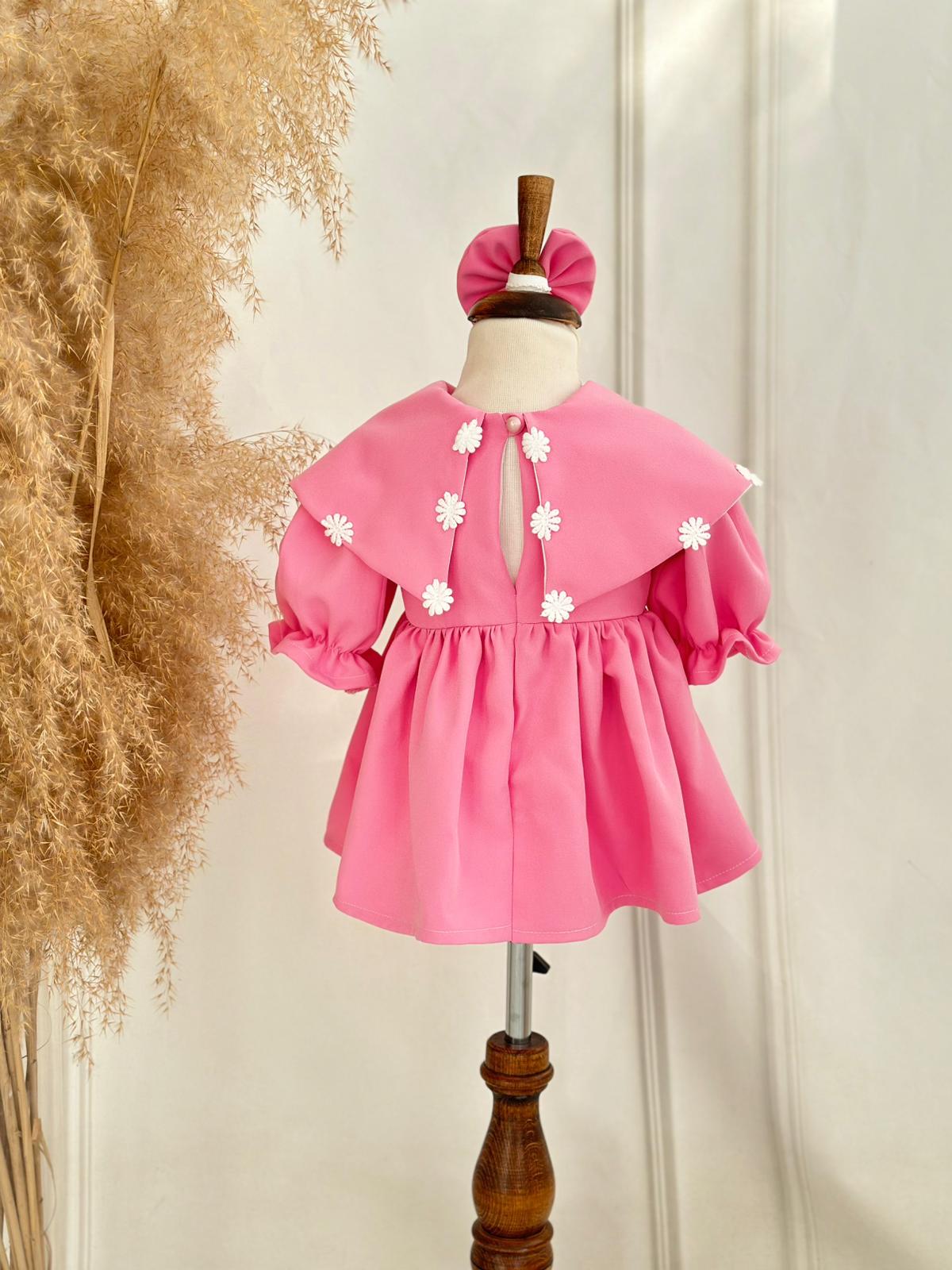 Pink Baby Girl Dress with Daisy Details & Headband | Long Sleeve Princess Dress for Birthdays & Photoshoots