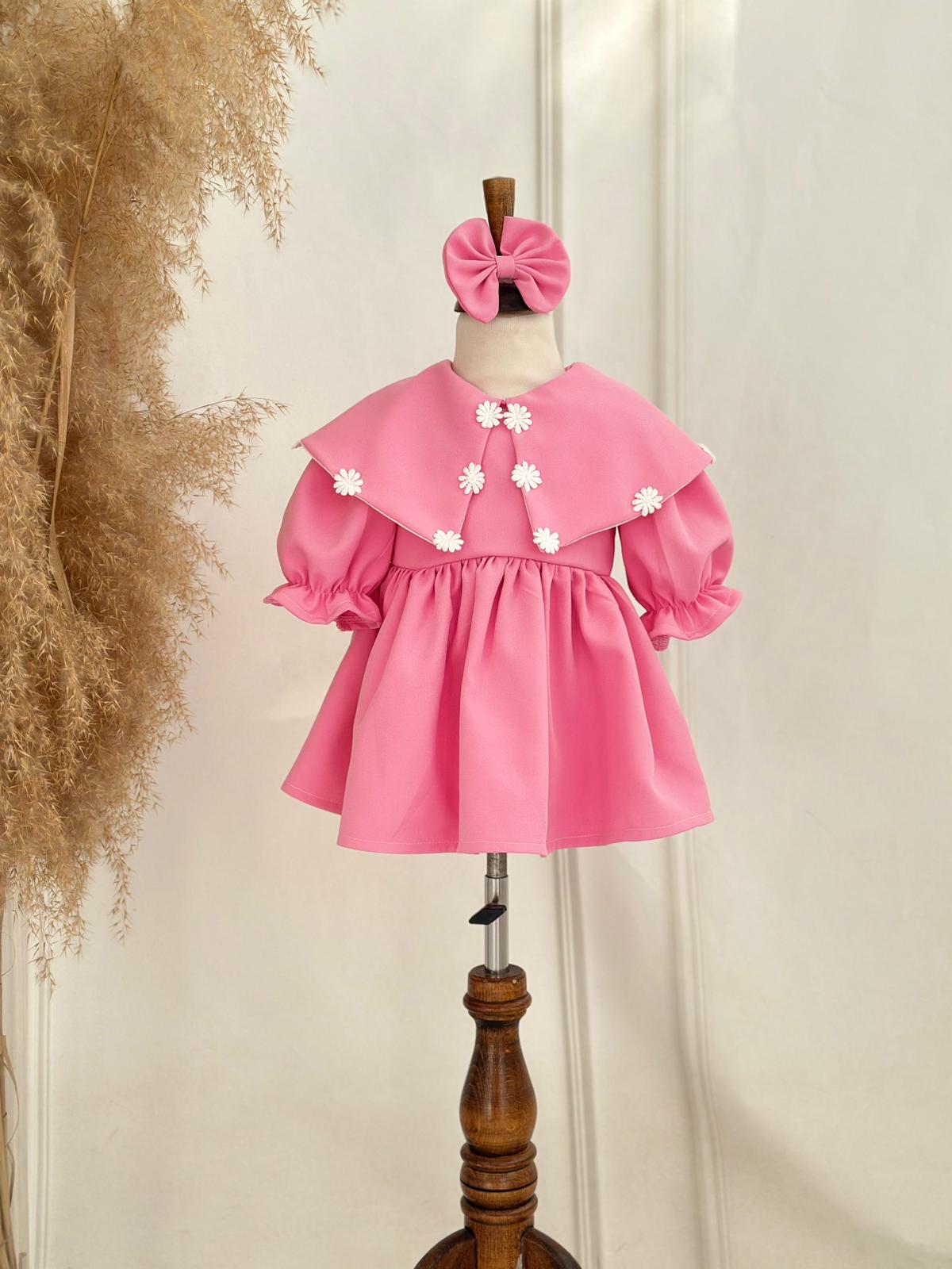 Pink Baby Girl Dress with Daisy Details & Headband | Long Sleeve Princess Dress for Birthdays & Photoshoots