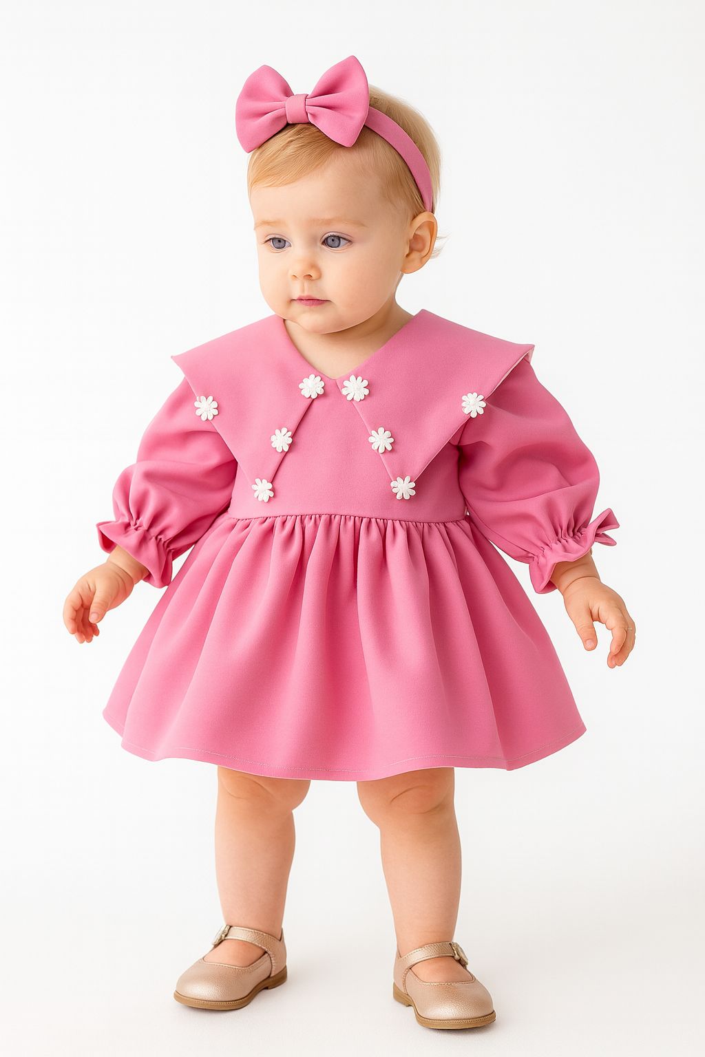 Pink Baby Girl Dress with Daisy Details & Headband | Long Sleeve Princess Dress for Birthdays & Photoshoots