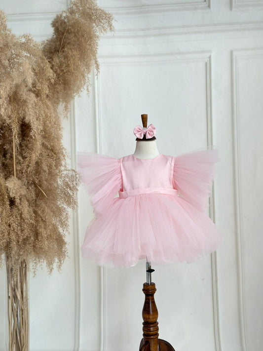 Tulle-Sleeved Puffy Party Dress - Pink
