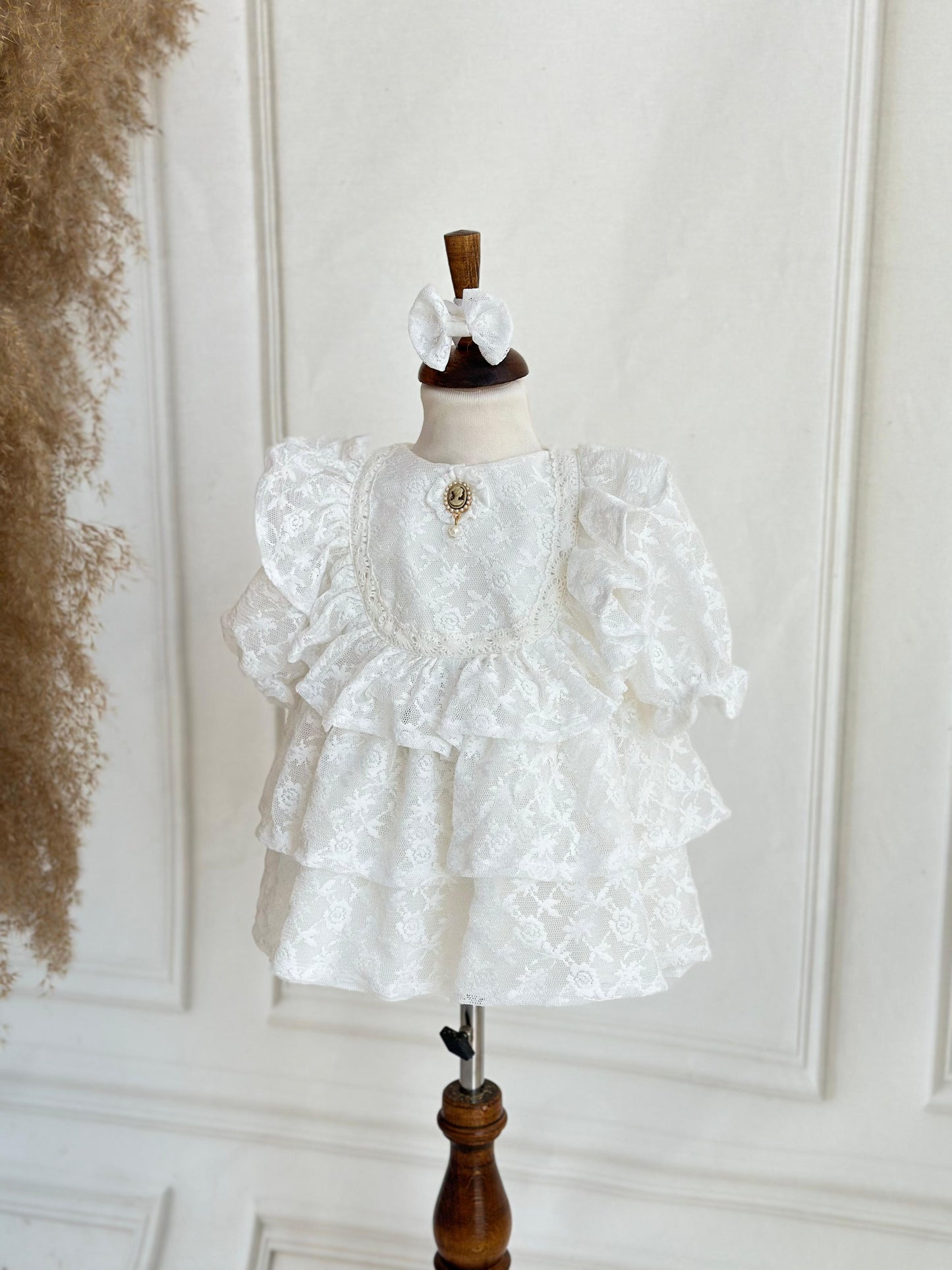 Vintage Lace Christening Dress with Brooch Detail - White