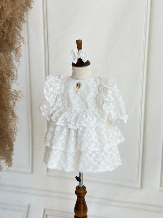 Vintage Lace Christening Dress with Brooch Detail - White