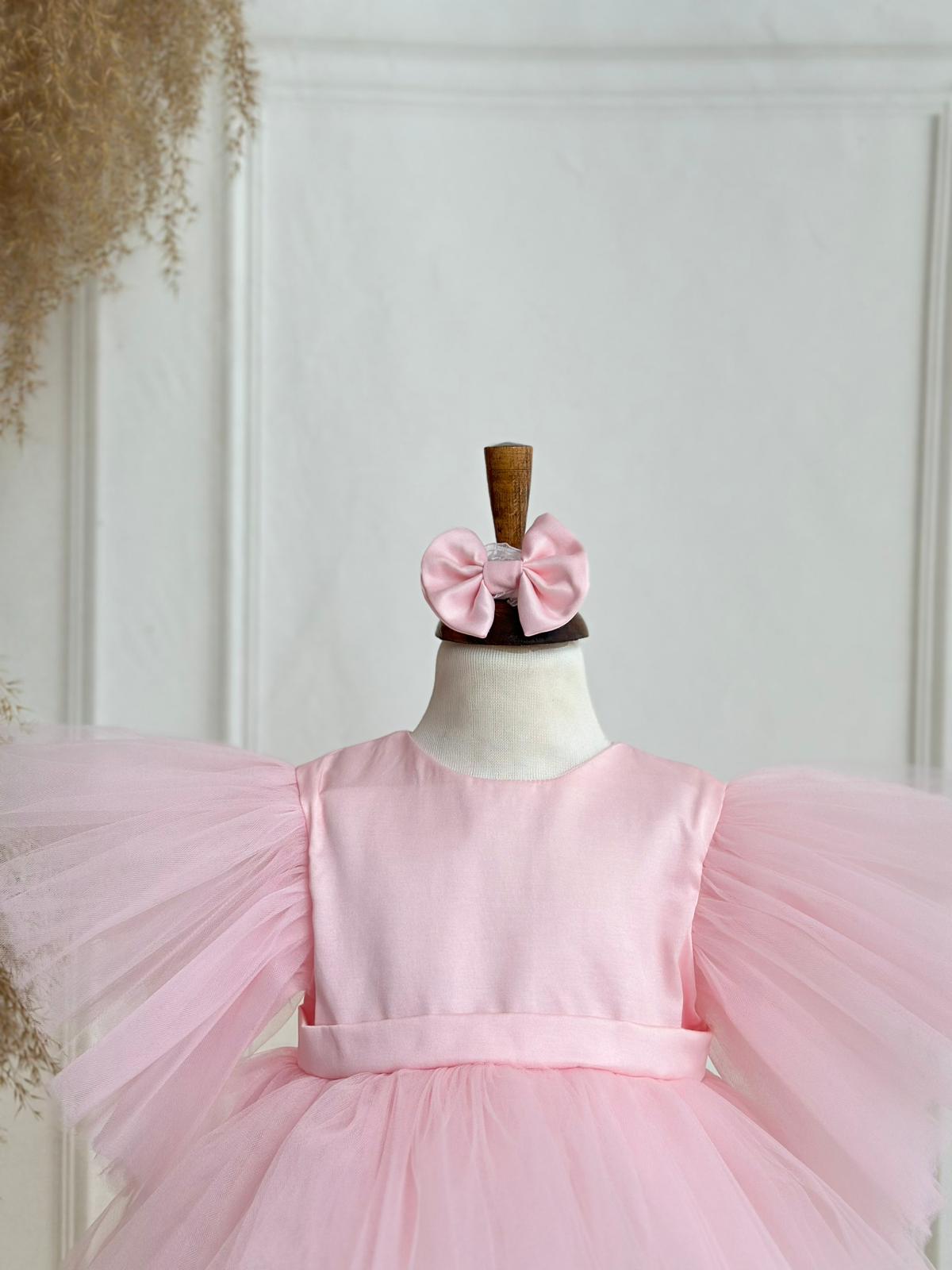 Tulle-Sleeved Puffy Party Dress - Pink