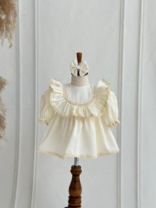 Lace-Trimmed Ruffle Hem Baptism Dress - Cream