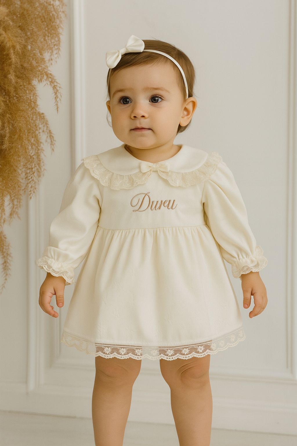 Personalized Baby Girl Satin Lace Dress with Name Embroidery – Special Occasion & Christening Outfit