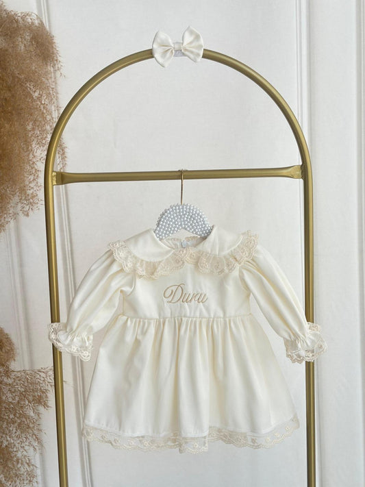 Personalized Baby Girl Satin Lace Dress with Name Embroidery – Special Occasion & Christening Outfit
