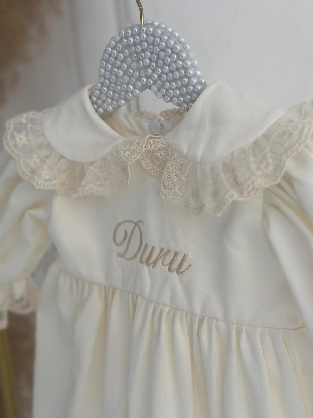 Personalized Baby Girl Satin Lace Dress with Name Embroidery – Special Occasion & Christening Outfit
