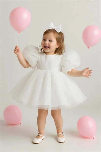 Organza Puff Sleeve Puffy Party Dress - White