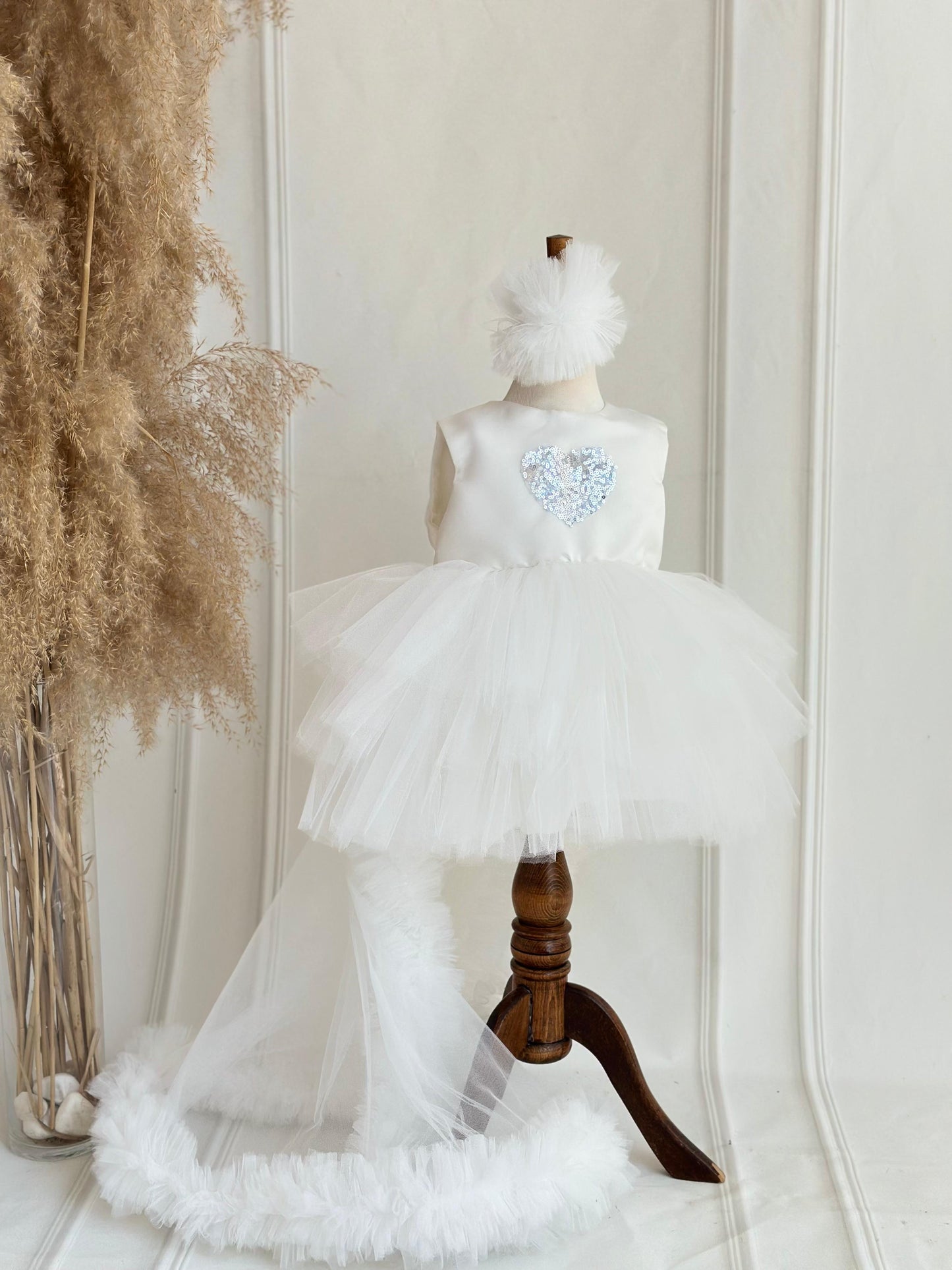 Gray Heart Sequin Detachable Train Party Dress - White