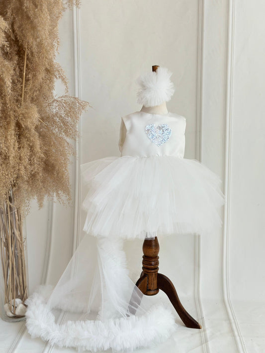 Gray Heart Sequin Detachable Train Party Dress - White
