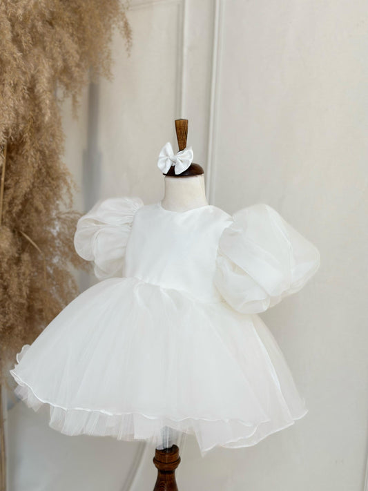 Organza Puff Sleeve Puffy Party Dress - White