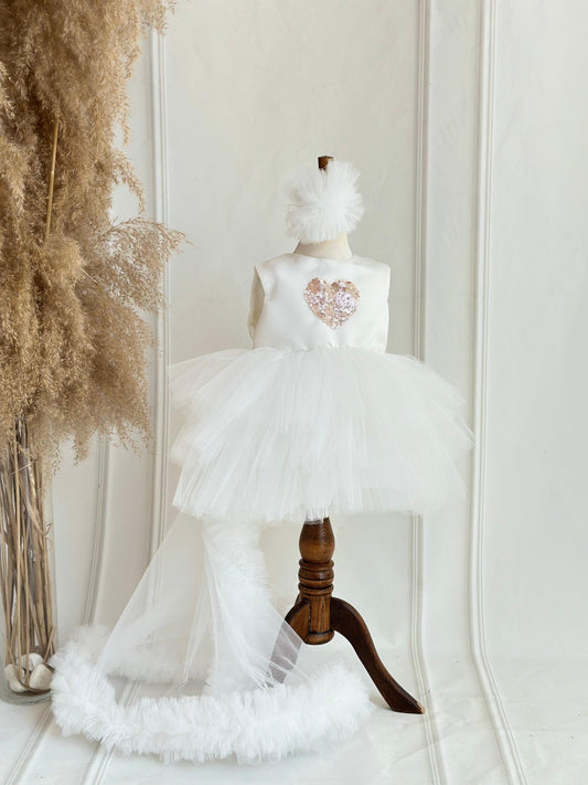 Brown Heart Sequin Detachable Train Party Dress - White