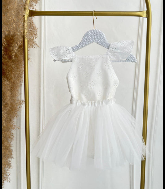 Off-White Eyelet Romper Jumpsuit Set with Detachable Skirt