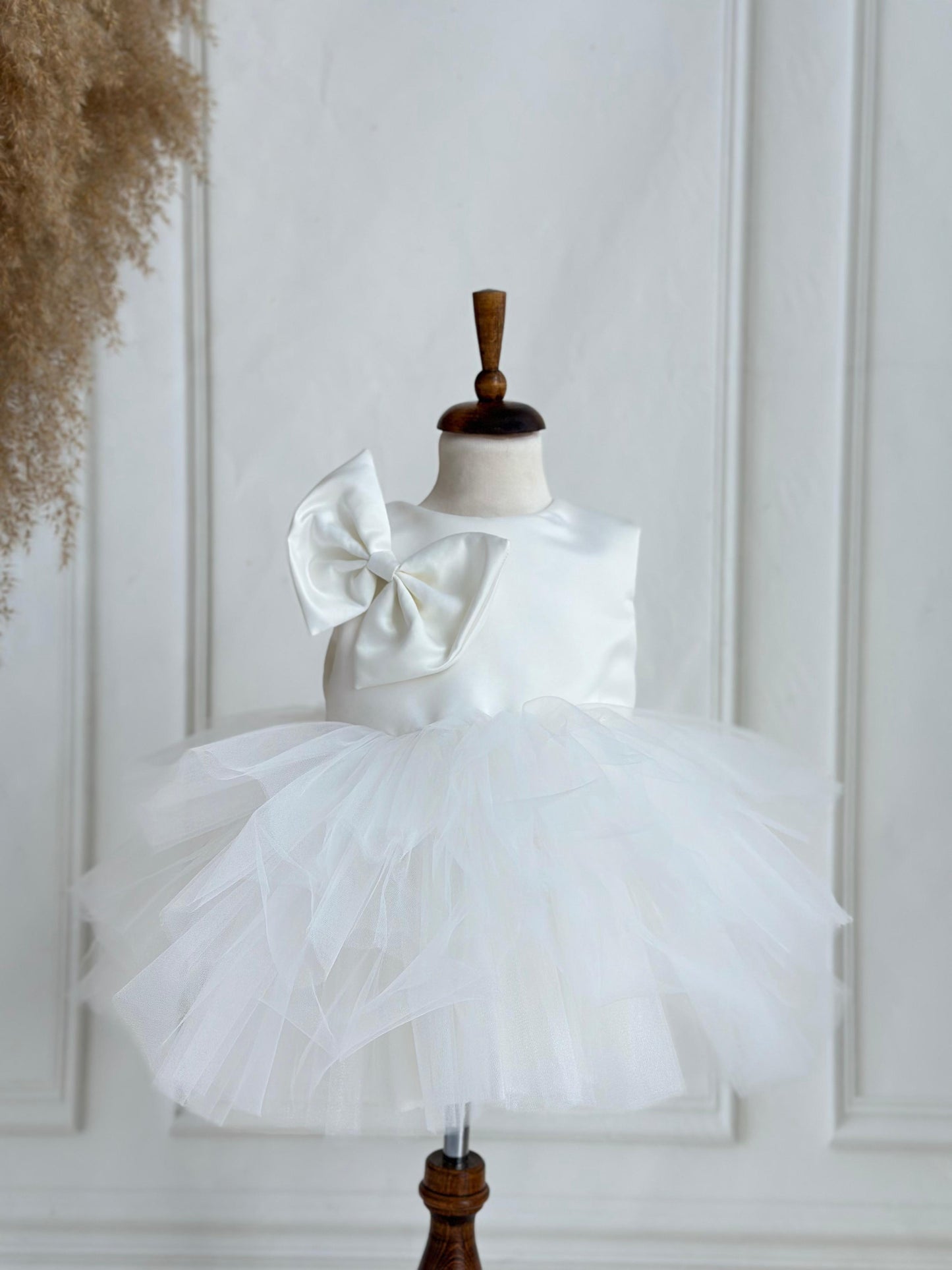 Cotton Satin Party Dress with Bow - White