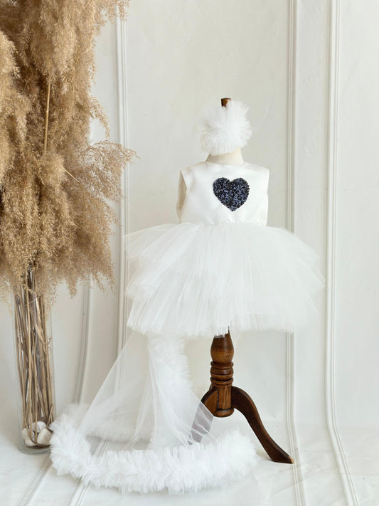 Black Heart Sequin Detachable Train Party Dress - White