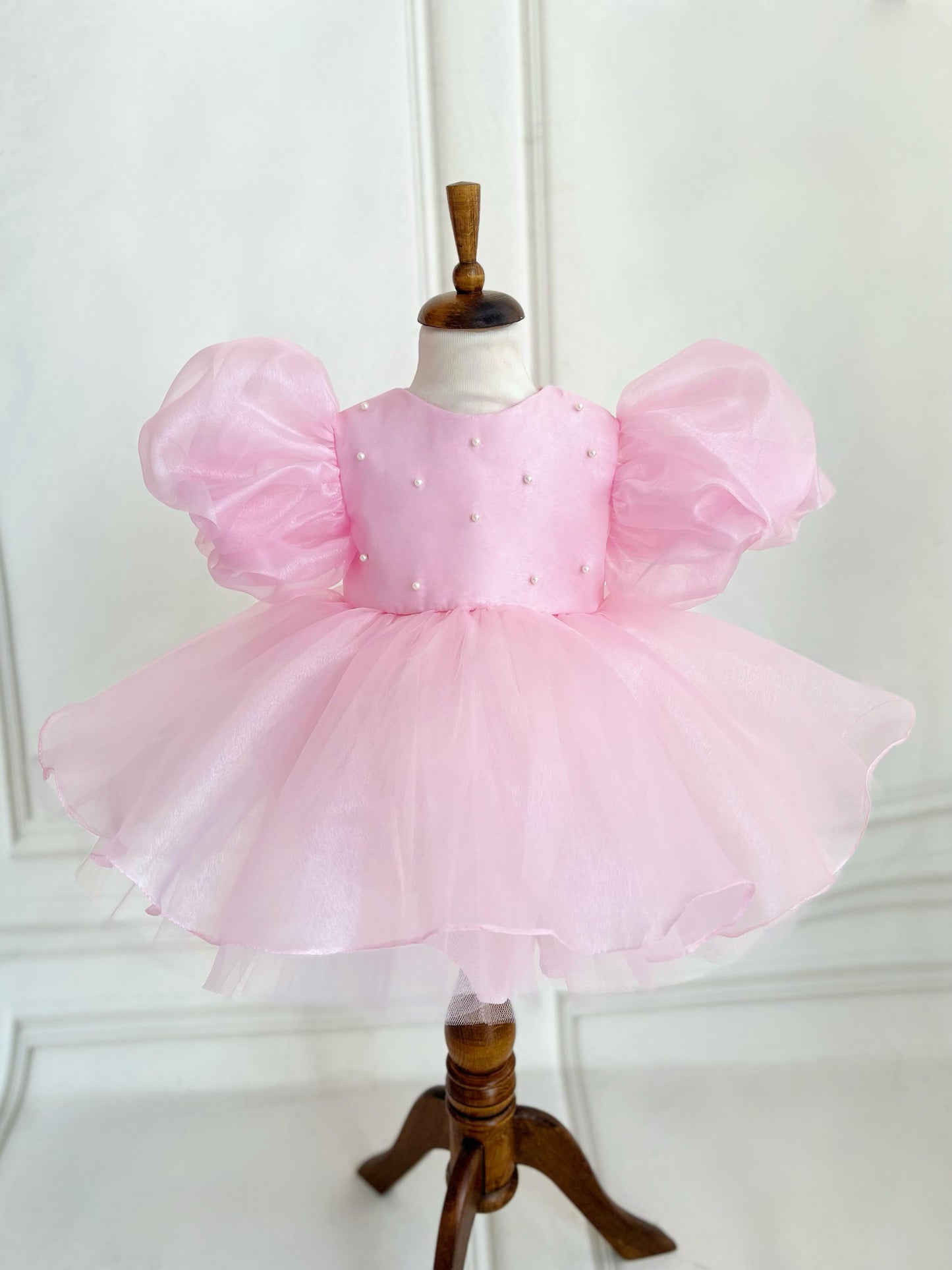 Pearl Balloon Sleeve Tulle Party Dress - Pink